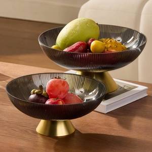 lot 11241 image: Vexiota Acrylic Fruit Bowl for Kitchen Counter - Large Modern Plastic Fluted Textured Fruit Holder Stand with Gold Base - Ideal for Fruits Vegetables Snacks and Home Decor (Black Set of 2)