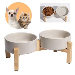 lot 11242 image: Elevated Ceramic Dog Bowl Set - Raised Feeding Bowls with Non-Slip Bamboo Stand - Small Pet Dishes for Food and Water - Ideal for Cats and Puppies - 16.23 OZ - 2 Cups - 480 ML