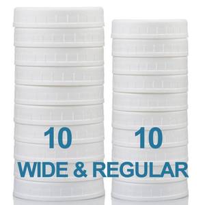 lot 11256 image: AOZITA 10 WIDE Mouth & 10 REGULAR Mouth Mason Jar Lids - 20 Pack Food Grade Plastic Mason Jar Caps for Ball, Kerr and More Canning Jars - Leakproof & Dishwasher Safe - White