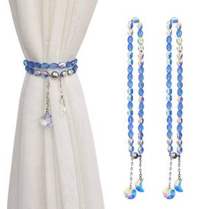 lot 12144 image: PEDOBO Magnetic Curtain Tiebacks, 2 Pack Crystal Beaded Sun & Moon Pendants SheersDraperies Holdbacks for Window Home Office Decor (Blue)