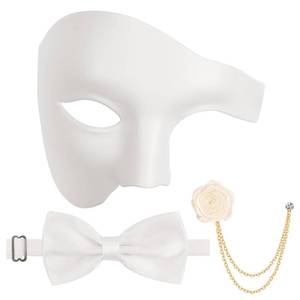 lot 12147 image: Hyperfun Experience Masquerade Mask for Men Phantom of The Opera Mask Half Face with Bowtie Brooch for Halloween Mardi Gras Party (Pearl White)