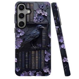 lot 12158 image: TnXee Case for Samsung Galaxy S23 FE,Purple Floral Crow Bookshelf Phone Case Drop Resistant Glossy 2 in 1 Solid Dual-Layer Cover for Girl Women