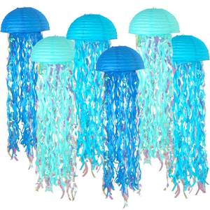 lot 12170 image: ADLKGG 10 Jellyfish Paper Lanterns Lamps - Gradient Blue Under the Sea Party Decorations for Mermaid Theme Birthday, Beach Baby Shower, Pre-Assembled Classroom & Ocean Decor, 6 PCS