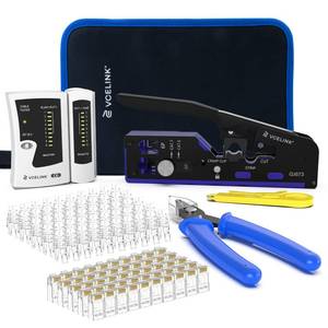 lot 12171 image: VCELINK RJ45 Crimp Tool Kit for CAT76A65E5, Upgraded Network Tool Set with an Ethernet Crimper, 50 RJ45 Connectors & Boots, Cable Tester, Wire Stripper and Cutter in a Cloth Bag, Blue