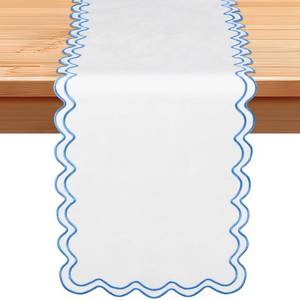 lot 12173 image: Windkream 108 Inches Scalloped Edge Table Runner, Double Linen Fabric Table Runner Outdoor, Rustic Dining Decor for House Kitchen Coffee(Pure White, Sky Blue)
