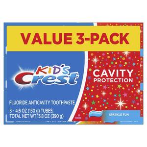 lot 12196 image: Crest Kids Cavity Protection Toothpaste, Crest Kids Toothpaste, For Children And Toddlers 2, Sparkle Fun, 4.6 Oz (Pack of 3), Toothpaste For Kids, Packaging may vary
