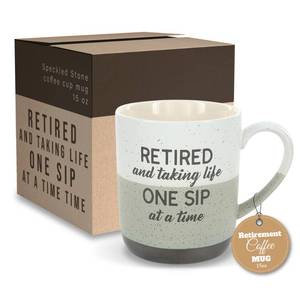 lot 12222 image: Pavilion Retirement Coffee Mug - Retired & Taking Life One Sip at a Time Text Design - Speckled Stoneware Coffee Cup for Retirees, Microwave & Dishwasher Safe, Beige w Bronze Metallic Bottom, 15 oz