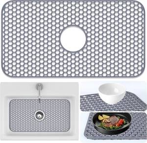 lot 12227 image: Sink Protectors Mat - 25.79x13.98 Kitchen Sink Pad for Bottom of Basin for Protection of Stainless Steel and Tableware, Farmhouse Rubber Basin Mat Protector with Center Drain - Light Gray