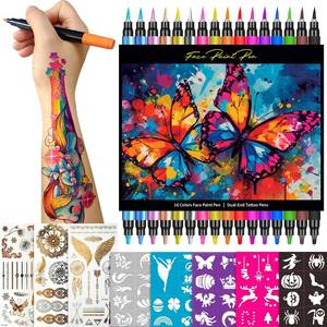lot 12265 image: Temporary Tattoo Markers for Skin, 16 Colors Dual-Tip Tattoo Pens  43 Tattoo Stencils  50 Tattoo Stickers, Skin-Safe Glitter & Matte Body Markers, Washable Tattoo Kit for Kids Adults (Only Pens)