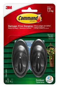 lot 12276 image: Command Outdoor Terrace Hooks, 2 Hooks and 4 Strips, Damage-Free Hanging Wall Hook for Hanging Outdoor Wall Decor with Weather Resistant Strips, Holds up to 3 lb (Missing One)