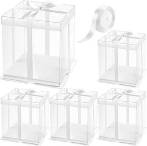 lot 13220 image: Ocmoiy 8x8x9Inch Clear Cake Box, 5 Pcs Cake Boxes with Ribbon Suitable for Packaging 6 Inch Cake, Disposable Cake Holder Carrier for Wedding, Birthday, Party