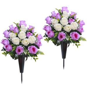 lot 13227 image: Lodou Set of 2 Artificial Cemetery Flowers, Memorial Flowers Bouquet,Grave Memorial Flowers with Vase for Cemetery Headstones Decoration (Purple White)