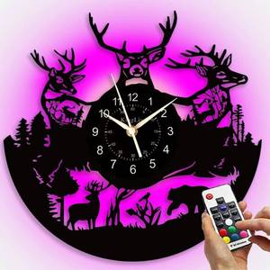 lot 13229 image: Vinyl Record Wall Clock with RGB LED Backlight, 12 Inch Deer Wildlife Design, Remote Control Color Changing Silent Wall Clock for Living Room, Bedroom, Home Decor (LED)