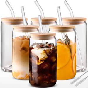 lot 13235 image: Glass Cups with Lids and Straws 6 pcs, 16 oz-DWTS Cute Tumbler,Beer Drinking Glasses,Clear for Iced Coffee, Tea with Bamboo Lids for Gifts