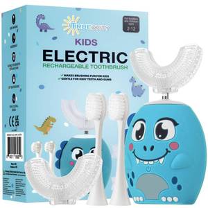 lot 14320 image: Trueocity Kids U Shape Toothbrush Auto Electric Toddler Rechargeable Kids Automatic Toothbrush  360° U-Shaped Silicone Brush Head  Gentle Cleaning for Ages 2��7 Dinosaur Design (Blue)