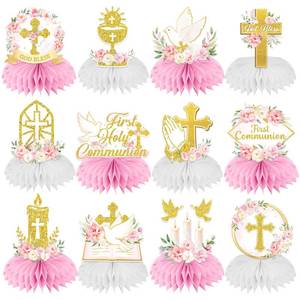 lot 14354 image: First Communion Decorations Honeycomb Centerppieces, 12Pcs Pink and Gold First Communion Centerpieces for Tables, God Bless Religious Table Centerpices for Girls Baptism Mi Primera Comunion