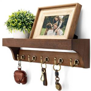 lot 14359 image: Rebee Vision Farmhouse Key Holder for Wall - Decorative Wooden Mail Organizer with 5 Rustic Key Hooks and Floating Shelf for Home Decor, Hallway, Entryway, Appartment (Retro Brown)