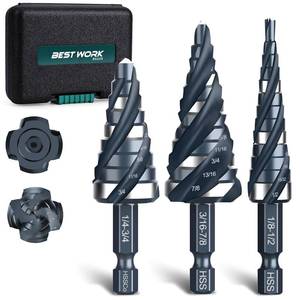 lot 14385 image: Bestwork Four Spiral Flute Step Drill Bit Set, 3PCS 18-78 (59 Sizes), High-Speed Steel Unibit Step Bits with 14 Hex Shank for Stainless Steel Metal Aluminum Wood Plastic