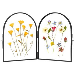 lot 19527 image: REDHUGO Double Glass Frame for Pressed Flowers Handmade, Pressed Flower Frame, Hinged Tabletop Brass Photo Frames, Dried Flower Display Folding Picture Frame for Home, ArcShaped, Black, 6�8 Inches