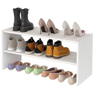 lot 19535 image: Cidaziya 2 Tier Small White Shoe Rack for Closet, Stackable Shoe Shelf Organizer for 9-12 Pairs of Shoes, Portable Wood and Cloth Structure, Small Shoe Storage Organizer, Size 28.5 11  13
