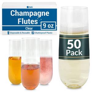 lot 19544 image: Reli. Champagne Flutes Plastic (50 Pack, 9oz) Clear, Stemless  Disposable Mimosa Glasses for Champagne, Mimosa, Cocktail, WeddingParties  BPA-Free Plastic Champagne Flutes, Shatterproof Cups