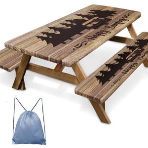 lot 19546 image: Britown Picnic Table Cover with Bench Covers Elastic Edges, Wooden Camper Fitted Table Cover, Outdoor Patio Camping Essentials 72 Inch 3PCS, Waterproof Camping Fitted Tablecloth with Drawstring Bag