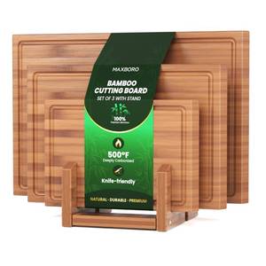 lot 19548 image: Bamboo Cutting Board Set with Stand, 3PCS Double-Sided Chopping Boards for Kitchen Meal Prep & Serving, Charcuterie, Juice Grooves & Side Handle, Ideal for Meat, Vegetables, Kitchen Essentials, Brown(Used)