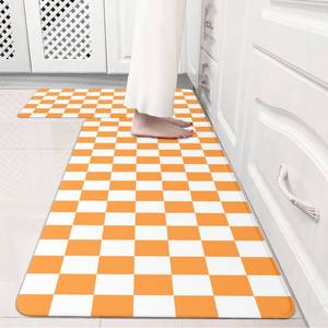 lot 19549 image: VivaNest White Orange Checkered Grid Checkerboard Kitchen Rug Sets 2 PCs, Anti-Fatigue, Waterproof Non-Slip Kitchen Mats Heavy Duty Comfort Foam Rug for Kitchen, Floor, Laundry,17x2917x47