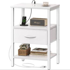 lot 19552 image: SUPERJARE Nightstand with Charging Station, Bed Side Table with Adjustable Fabric Drawer, Night Stand for Bedroom, 3-Tier Storage End Table, for Living Room, White