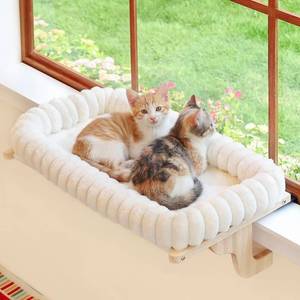 lot 19562 image: Zakkart SnugCloud Cat Window Perch with 4-Sided Bolster - Large Cat Hammock for Window Sill - Solid Hardwood & Metal Frame - Window Seat for Pets (Natural Color Wood wWhite Bed, Large)