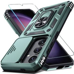 lot 20223 image: Janmitta Compatible with Samsung Galaxy S24 FE Case Built in Slide Camera Lens CoverScreen ProtectorFinger Ring Holder Kickstand,Heavy Duty Shockproof Full Body Phone Cover,2024 Dark Green