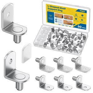 lot 20243 image: Vibit 50 Pcs L-Shaped Shelf Support Pegs, 6mm Cabinet Shelf Pins with Rubber Sleeves, Cabinet Shelf Pegs with Hole, Nickel Plated Metal Shelf Brackets, Shelf Holders for Glass Kitchen Closet Bookcase (Open Box, May Be Missing Pieces)