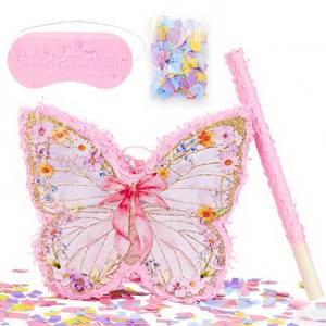 lot 20248 image: OBBOLO Butterfly Party Decorations Set with Bat and Blindfold, 14 x 12 in Pink Butterfly Birthday Pi�ata with Bow and Wildflower Print, Girls Birthday Party Decorations