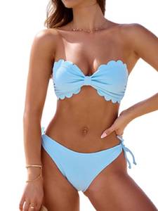 lot 20268 image: Rajputana Womens Wavy Edge Bandeau Bikini Strapless Tie Back Side String Bathing Suits Two Piece Swimsuit Blue (XS)