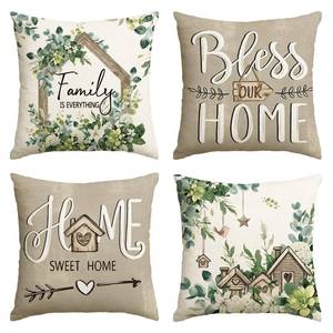lot 20317 image: AVOIN colorlife Sweet Home Family is Everything Spring Floral Throw Pillow Covers, 20 x 20 Inch Seasonal Eucalyptus Flowers Cushion Case Decoration for Sofa Couch Living Room Home Decor Set of 4