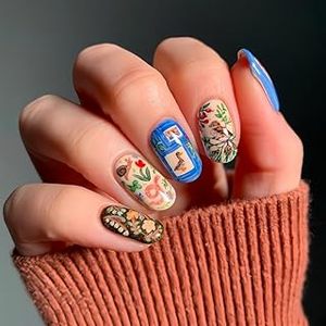lot 6128 image: plalely Square Press on Nails Short ClassicStick on Nail Tips Nails Press ons with Oil Painting Design Press on False Nails for Women 24pcs