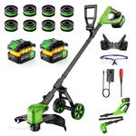 Amiluo Cordless Weed Wacker with Wheels, 21V Battery Powered String Trimmer and Lawn Edger, Electric Weed Eater with 2 x 3.0Ah Batteries and 8 Spools, Lightweight Grass Trimmer for Lawn and Yard Care