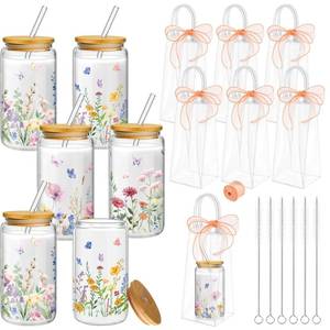 lot 1906 image: Mumufy 6 Sets Wildflower Glass Cups with Clear Gift Bag 16 oz Reusable Pink Iced Coffee Mugs Aesthetic Cute Tumbler with Lids and Straws, Gifts for Girls Women Bridesmaid