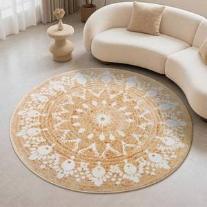 lot 1909 image: Carvapet Faux Jute Round Rug 3ft �� Jute-Like Pattern Design Washable Low Pile Area Rug with Non-Slip Rubber Backing, Soft Natural Look Decorative Circle Carpet for Living Room, Light Yellow