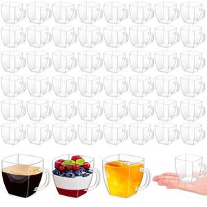 lot 1923 image: Amyhill Mini Disposable Tea Cups with Handle, 2oz Hard Plastic Coffee Mug Bulk Plastic Square Disposable Espresso Cups for Wedding Tea Party Catering Dessert Sampling(Transparent,50 Pcs)