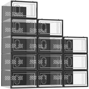 lot 1932 image: SIMPDIY Shoe Storage, 12 Pack Shoe Organizer for Closet, Shoe Boxes Clear Plastic Stackable Shoe Containers with Lids for Size 10, Black