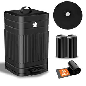 lot 1941 image: Kopuncare Dog Poop Trash Can Outside, 5L1.3Gal Metal Dog Waste Trash Can with Lid, Foot Pedal, Pet Waste Container with 40 Bags, Poop Bucket with Lid Soft Close for Pet, Black
