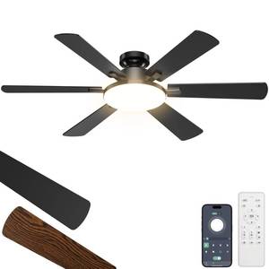 lot 1956 image: 52 Inch Ceiling Fans with Lights, 6 Double Sided Blades, Ultra Quiet Reversible DC Motor, Remote & APP Control, 6 Speeds, 3CCT Dimmable LED with Memory Function, Flush Mount for Living Room, Black