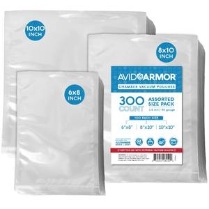 lot 1962 image: Avid Armor Chamber Vacuum Sealer Bags �� 6x8, 8x10 & 10x10 �� 300 Pack �� Heavy Duty Commercial Grade, BPA-Free Pouches for Sous Vide, Food Preservation, Meat Storage, Freezing, and Long-Term Storage