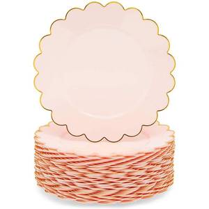 lot 1967 image: Sparkle and Bash Pink Plastic Plates for Party, 50-Pack - 9 in Pink & Gold Glossy Scalloped Edge - Disposable Heavy-Duty Fancy Plates for Birthday & Baby Shower