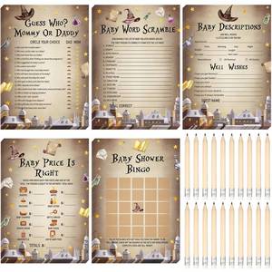 lot 2228 image: Yinder 145 Pcs Baby Shower Games Activities Cards with 20 Pencils Includes Baby Bingo Description and Wishes Guess Who Price is Right Word Scramble Game(Magical Wizard)
