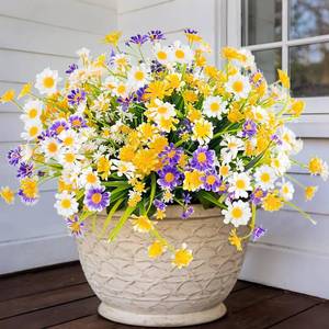 lot 2239 image: 12 Bundles Artificial Daisy Flowers for Outdoors Summer Decor, UV Resistant Fake Cemetery Flowers Faux Plastic Greenery Shrub Plants for Home Gardens Porch Planter Yards D�cor(Mix White Yellow Purple)