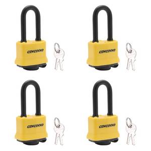 lot 2293 image: CINCINNO 4 Pack Heavy Duty Covered Laminated Steel Padlocks Keyed Alike, Weatherproof Padlocks with 1-916 in. Wide Body, Long Shackle for Gate, Shed, Storage Locker Lock