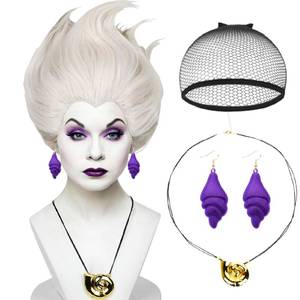 lot 2299 image: Wiggy Mermaid Sea Witch WigShell NecklaceEarrings Accessories for Women Wicked Undersea Witch Cosplay, Short Silver White Grey Layered Crazy WigCap for Halloween Costume Cosplay