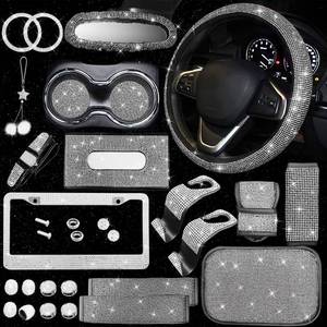 lot 2336 image: JINGSEN 25PCS Bling Car Car Accessories Set,15 Inch Steering Wheel Cover,Shiny License Plate Frame,Center Console Cover and Rearview Mirror Set and Other Car Accessories(White)